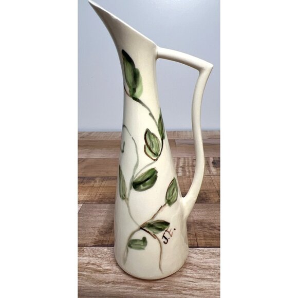 Hand-Painted Ceramic Pitcher With Leaf Design & Unique Handle - Picture 2 of 3